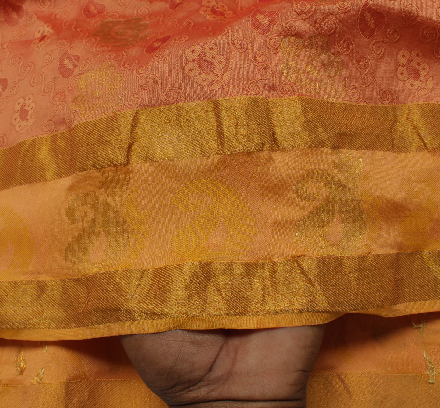 Sushila Vintage Peach Saree Pure Silk All Over Woven Floral Sari Craft Fabric