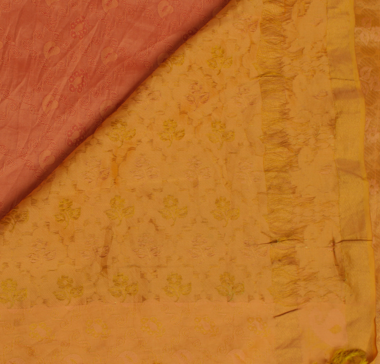Sushila Vintage Peach Saree Pure Silk All Over Woven Floral Sari Craft Fabric