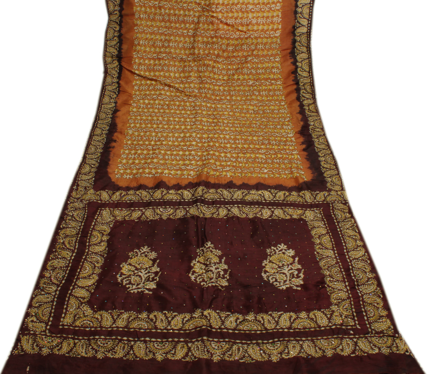 Sushila Vintage Brown Indian Saree 100% Pure Silk Printed Floral Sari Fabric