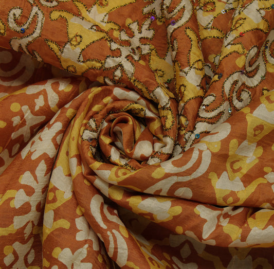Sushila Vintage Brown Indian Saree 100% Pure Silk Printed Floral Sari Fabric