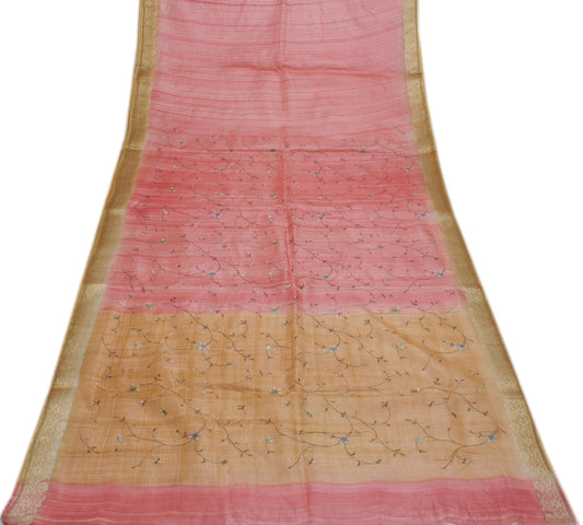 Sushila Vintage Peach Saree Pure Tussar Silk Embroidered Floral Sari 6 Yd Fabric