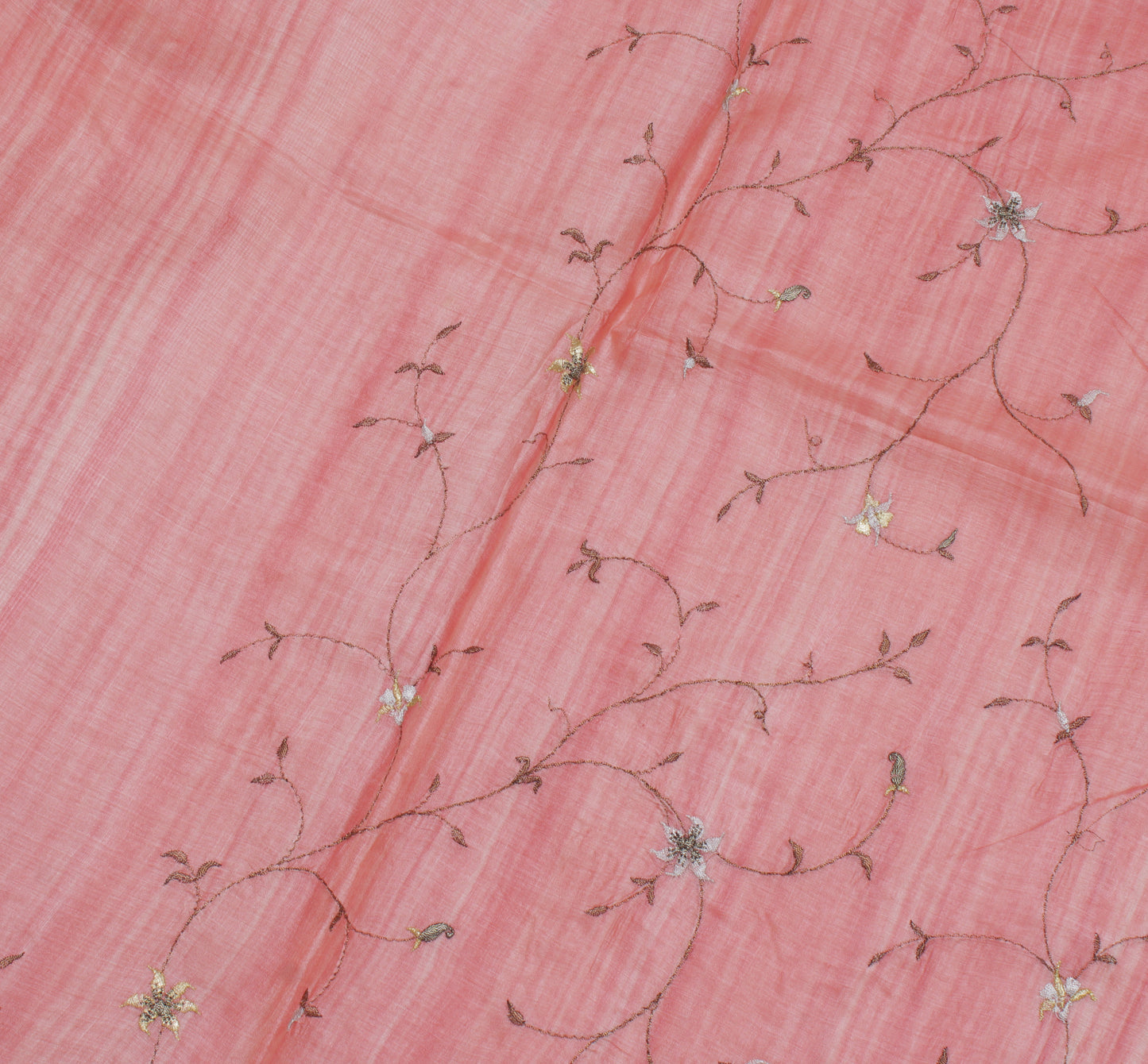 Sushila Vintage Peach Saree Pure Tussar Silk Embroidered Floral Sari 6 Yd Fabric