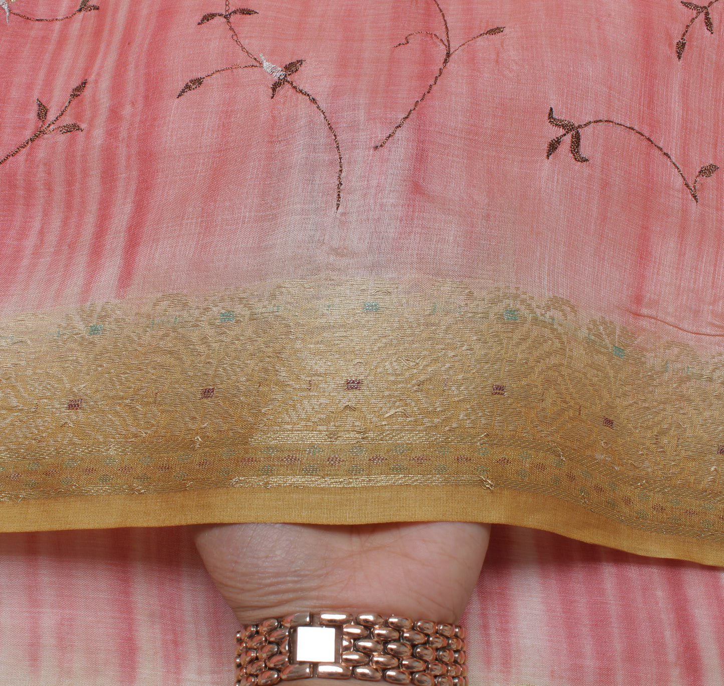 Sushila Vintage Peach Saree Pure Tussar Silk Embroidered Floral Sari 6 Yd Fabric