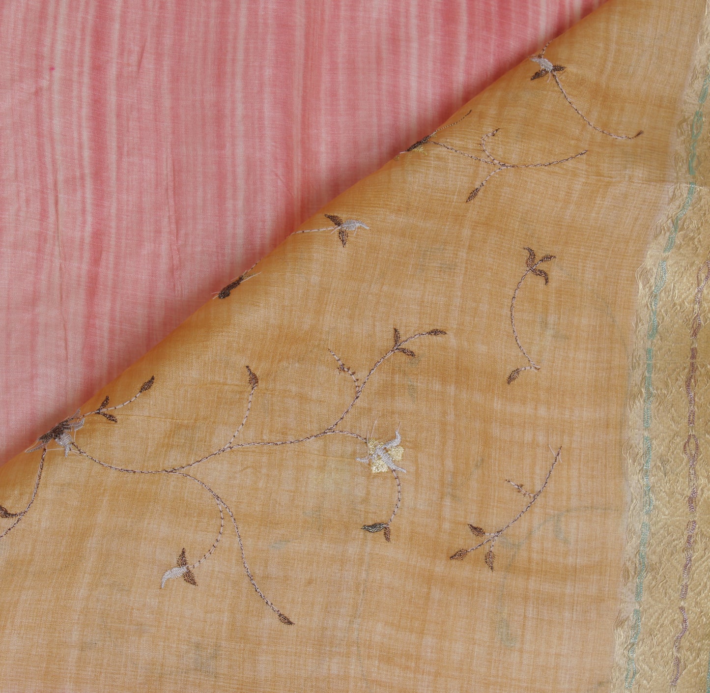 Sushila Vintage Peach Saree Pure Tussar Silk Embroidered Floral Sari 6 Yd Fabric