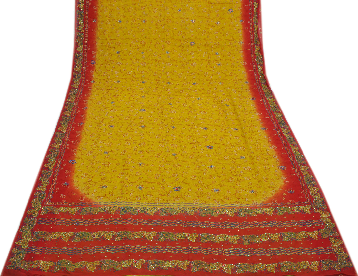 Sushila Vintage Mustard Saree Pure Georgette Printed & Embroidered Sari Fabric
