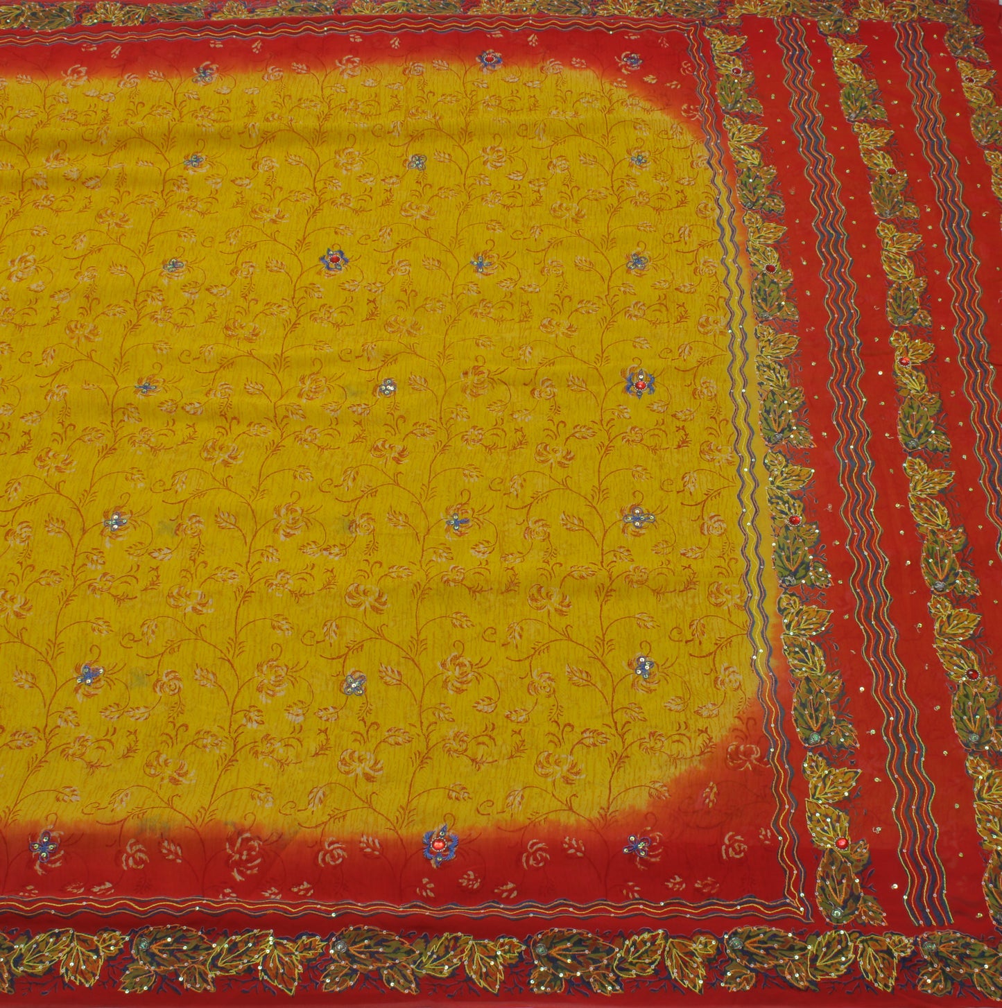 Sushila Vintage Mustard Saree Pure Georgette Printed & Embroidered Sari Fabric