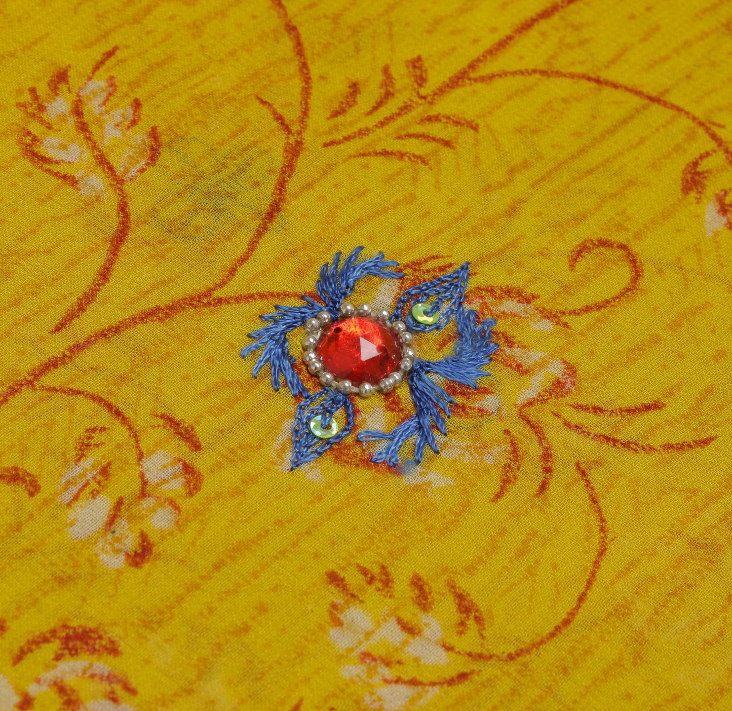 Sushila Vintage Mustard Saree Pure Georgette Printed & Embroidered Sari Fabric
