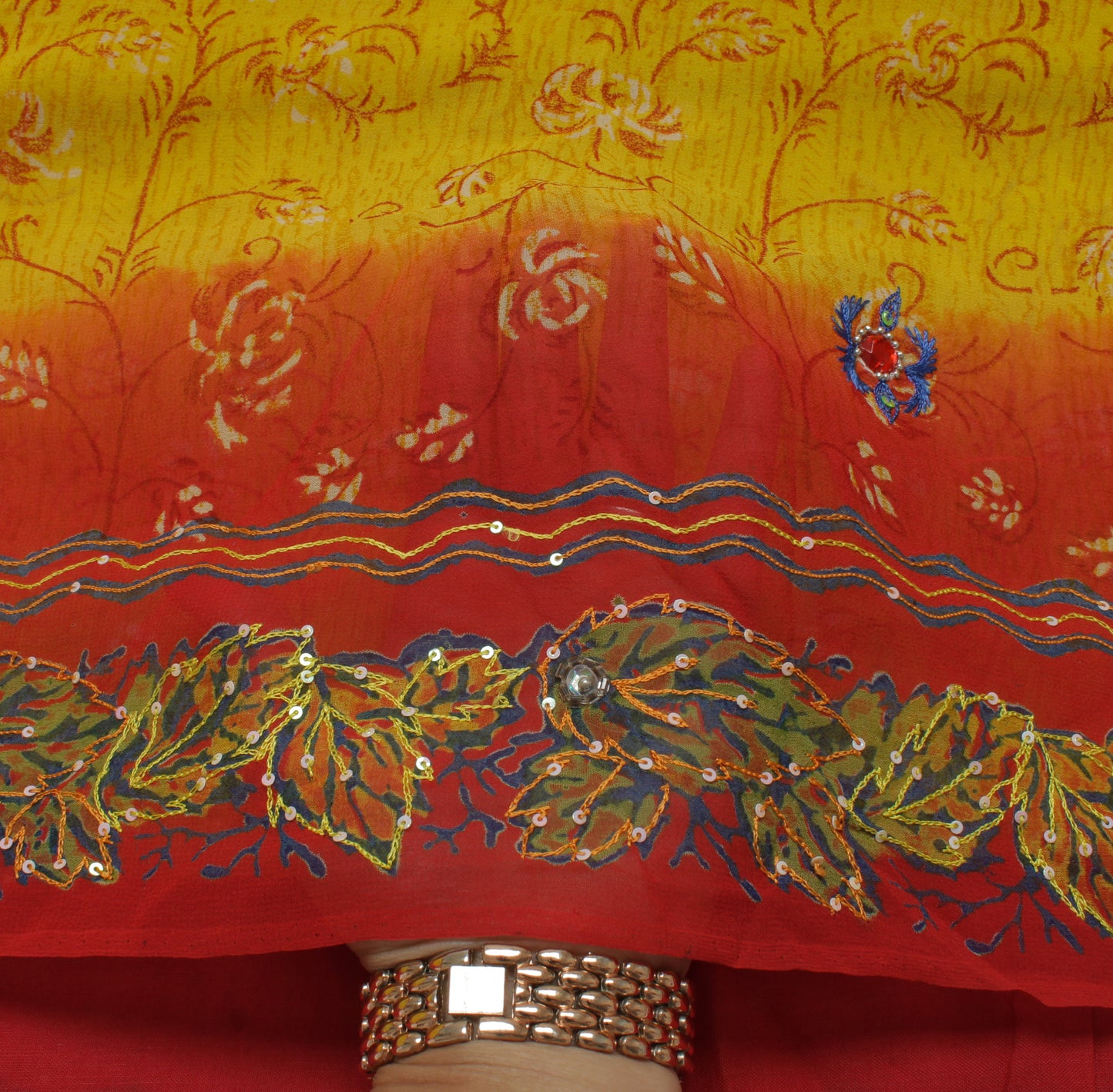 Sushila Vintage Mustard Saree Pure Georgette Printed & Embroidered Sari Fabric