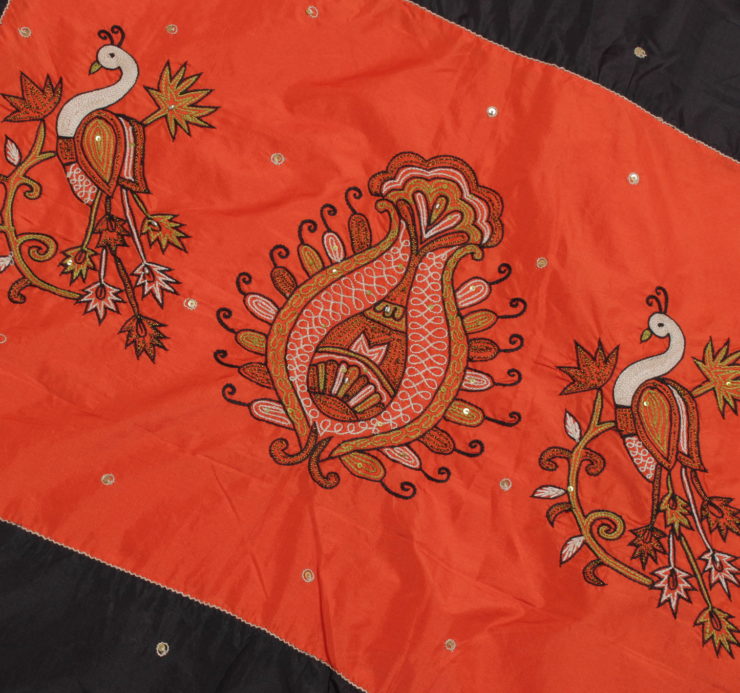Sushila Vintage Orange Black Saree Art Silk Embroidered Patch Work Sari Craft Fabric
