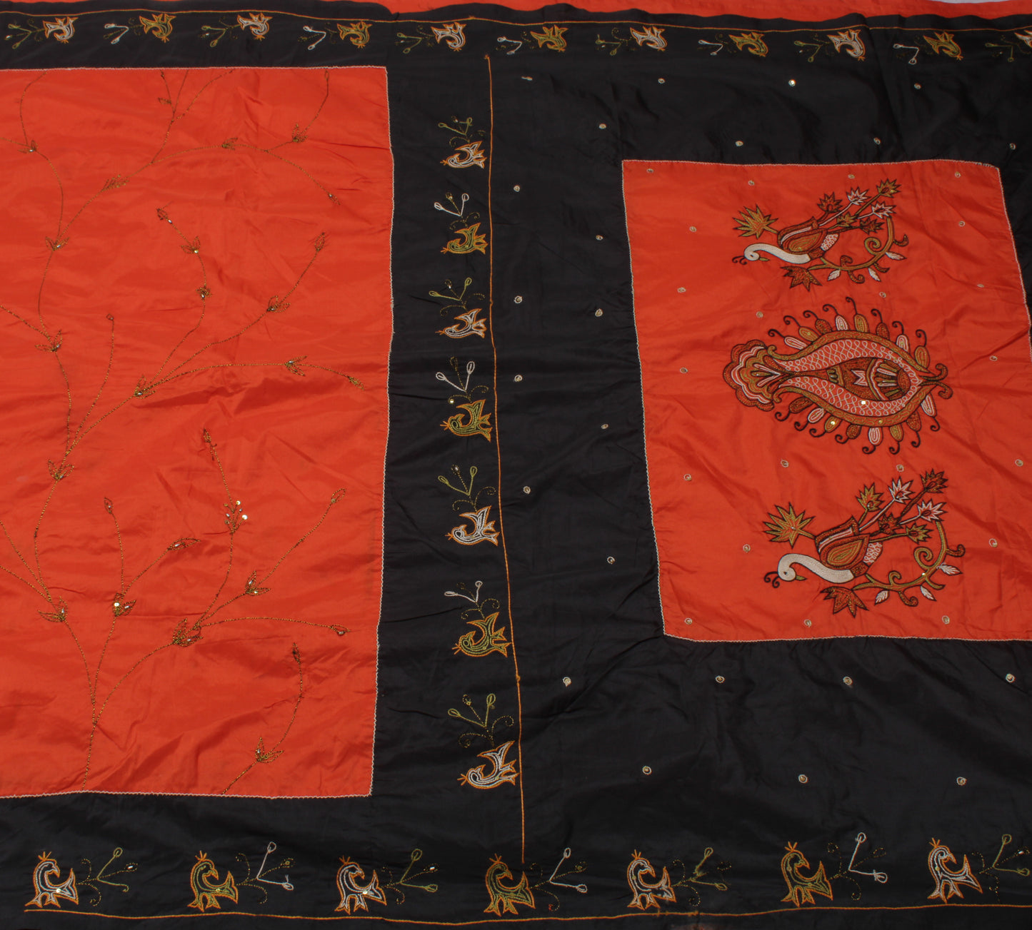 Sushila Vintage Orange Black Saree Art Silk Embroidered Patch Work Sari Craft Fabric