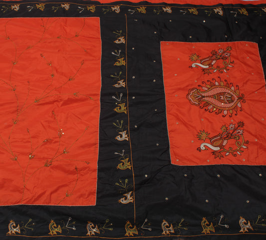 Sushila Vintage Orange Black Saree Art Silk Embroidered Patch Work Sari Craft Fabric