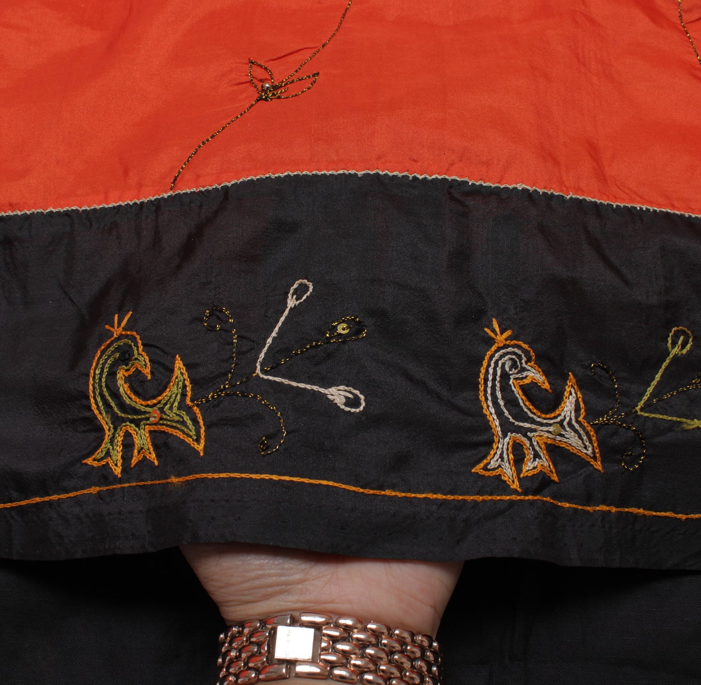 Sushila Vintage Orange Black Saree Art Silk Embroidered Patch Work Sari Craft Fabric