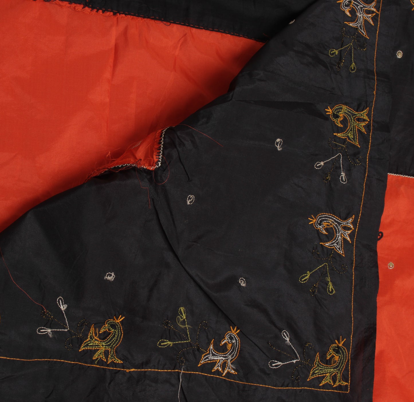 Sushila Vintage Orange Black Saree Art Silk Embroidered Patch Work Sari Craft Fabric