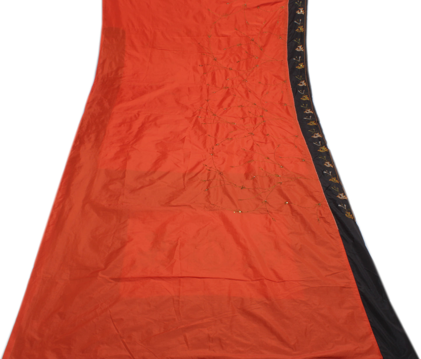 Sushila Vintage Orange Black Saree Art Silk Embroidered Patch Work Sari Craft Fabric