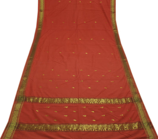 Sushila Vintage Peach Saree Pure Handloom Cotton Zari Woven Animal Motifs Sari Craft Fabric