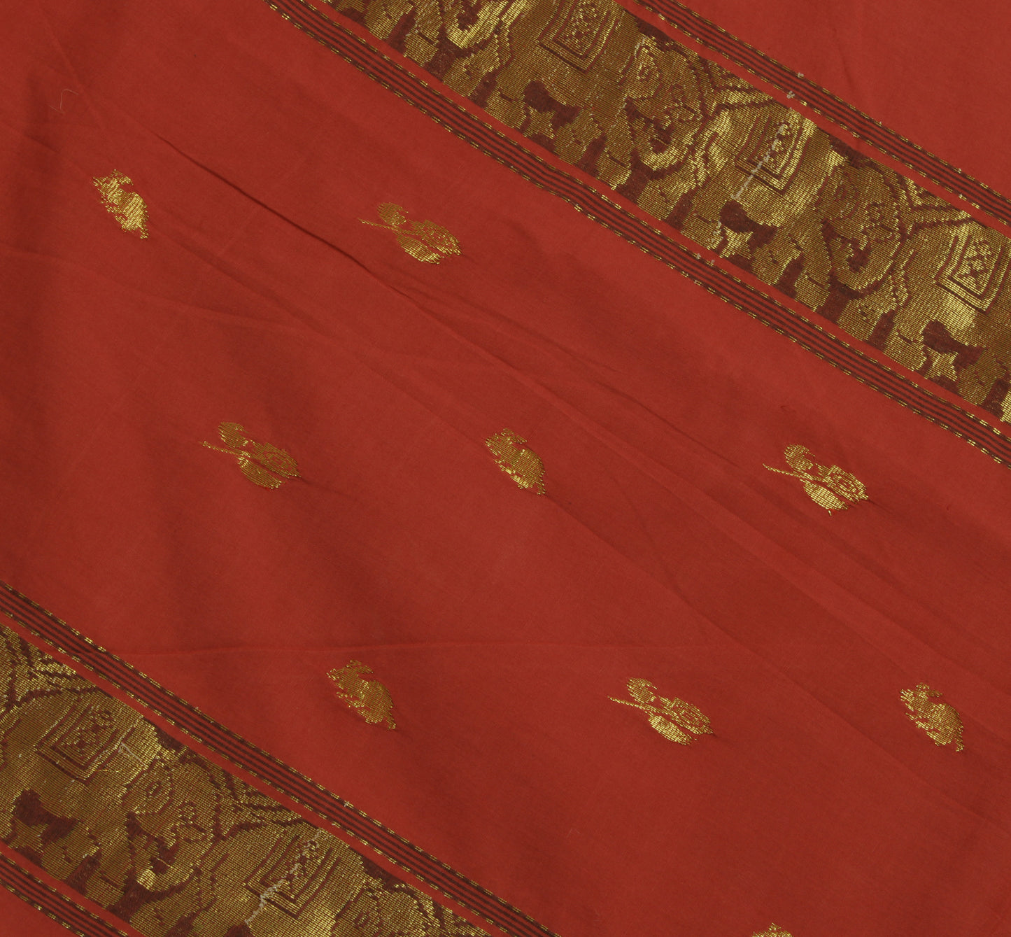Sushila Vintage Peach Saree Pure Handloom Cotton Zari Woven Animal Motifs Sari Craft Fabric