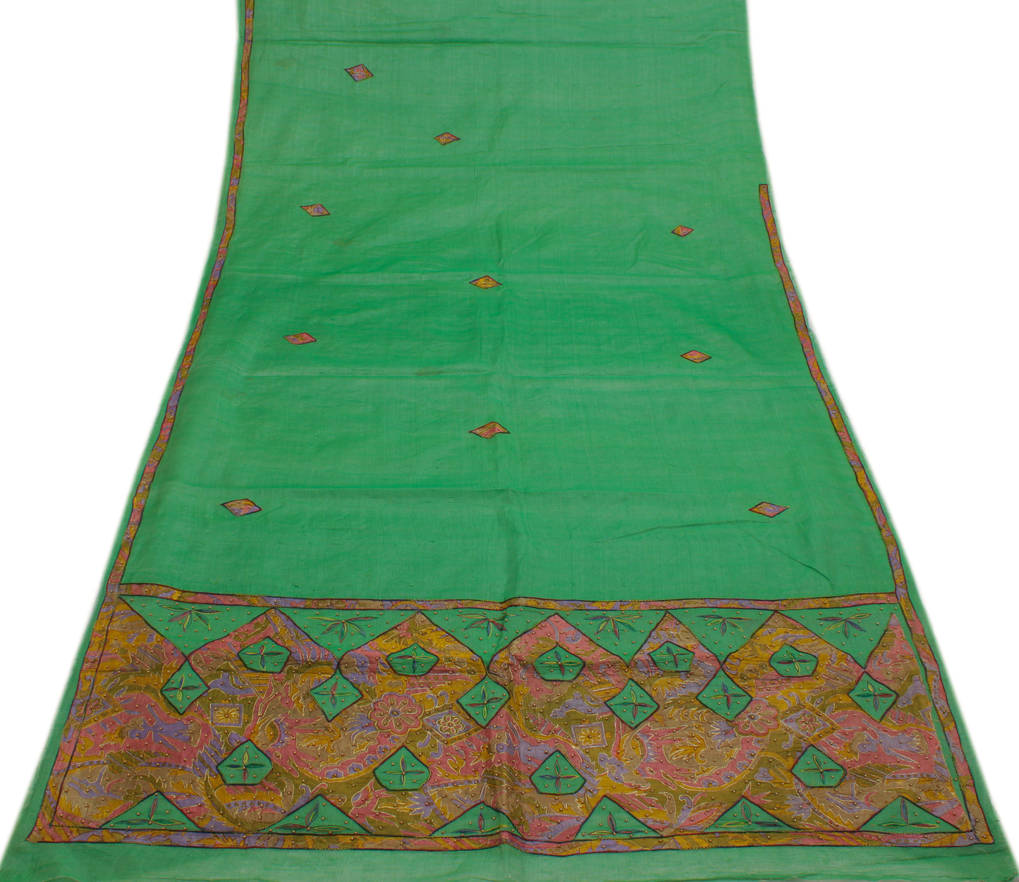Sushila Vintage Green Saree 100% Pure Cotton Embroidered Floral Sari 5 YD Fabric