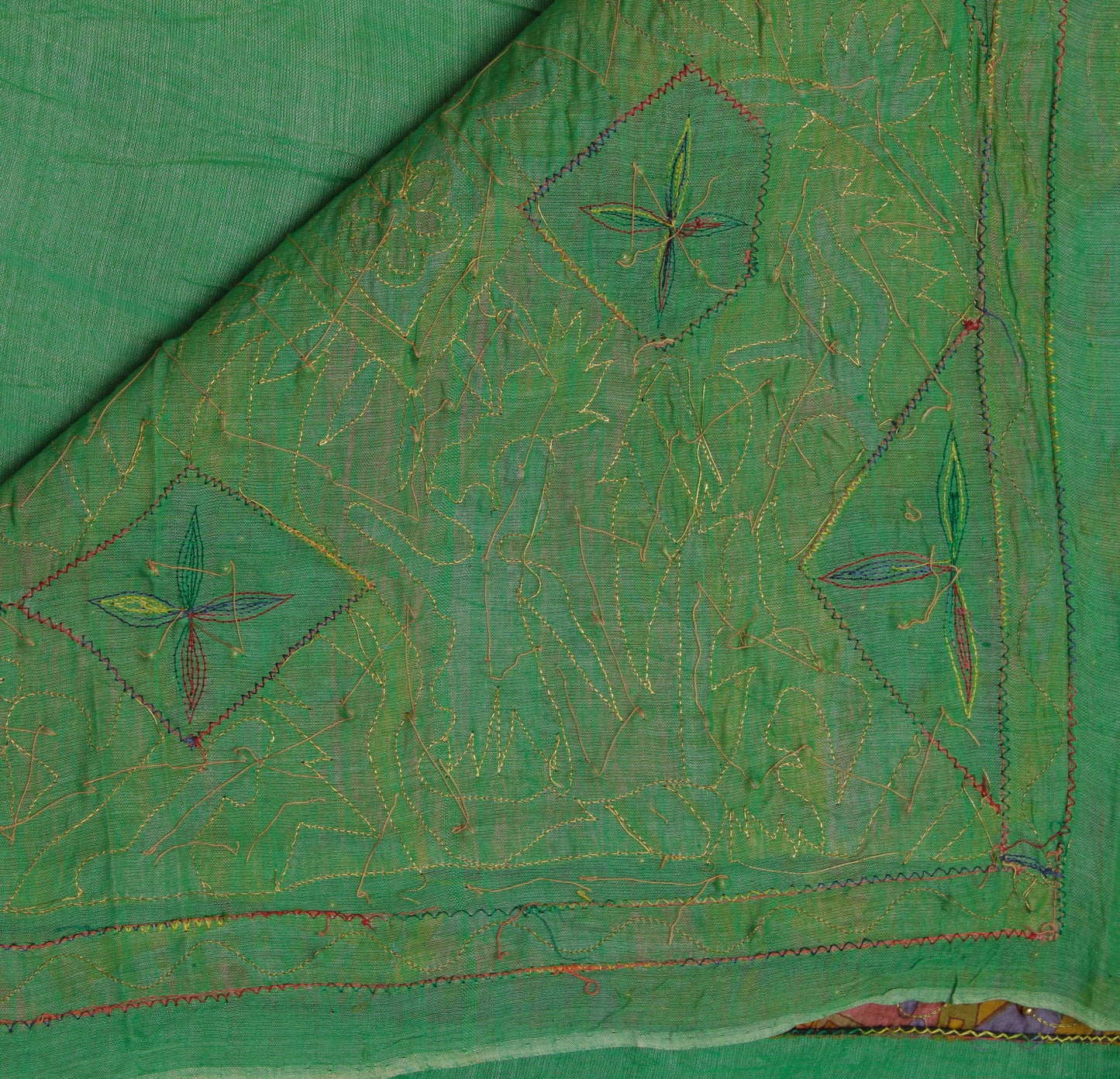 Sushila Vintage Green Saree 100% Pure Cotton Embroidered Floral Sari 5 YD Fabric