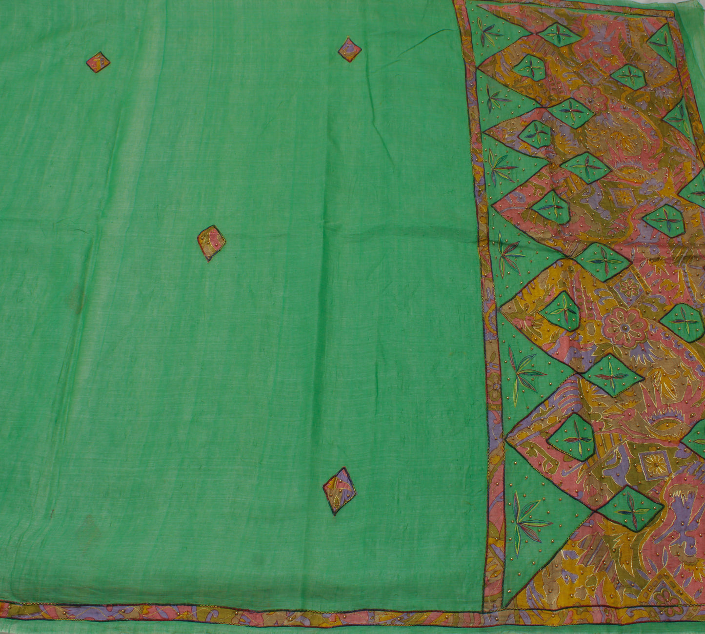 Sushila Vintage Green Saree 100% Pure Cotton Embroidered Floral Sari 5 YD Fabric