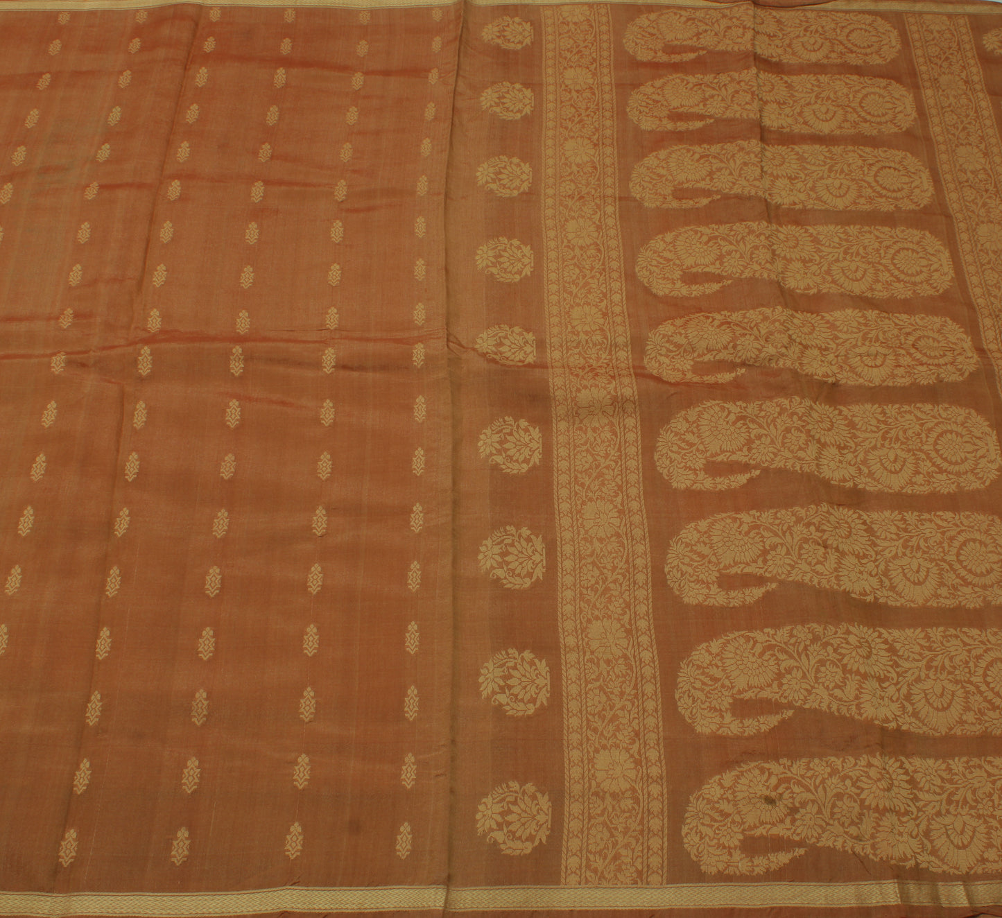 Sushila Vintage Brown Indian Saree 100% Pure Silk Woven Floral Sari Craft Fabric