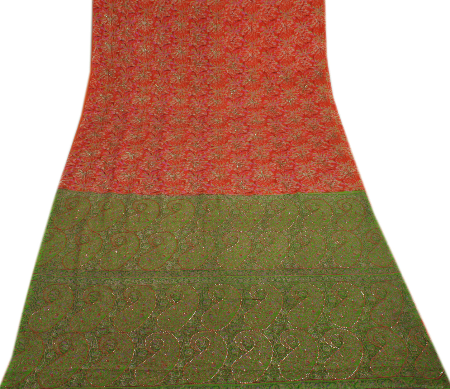 Sushila Vintage Orange Saree 100% Pure Silk Printed Floral Embroidered Fabric