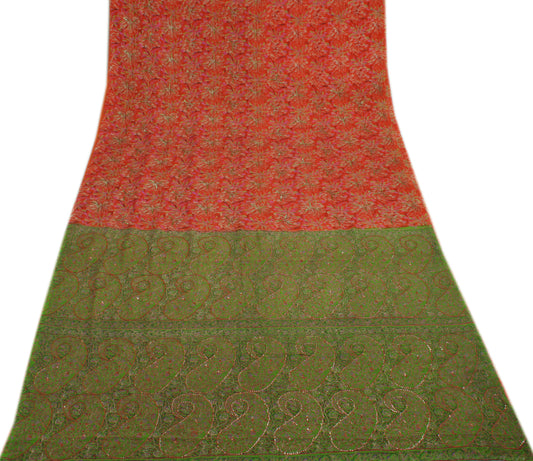 Sushila Vintage Orange Saree 100% Pure Silk Printed Floral Embroidered Fabric