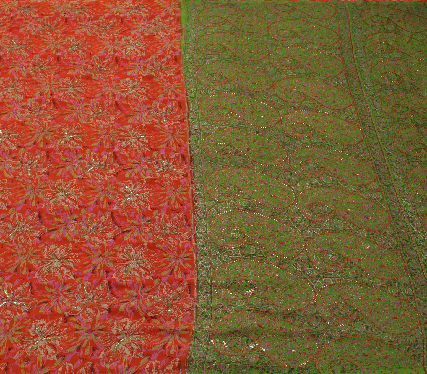 Sushila Vintage Orange Saree 100% Pure Silk Printed Floral Embroidered Fabric