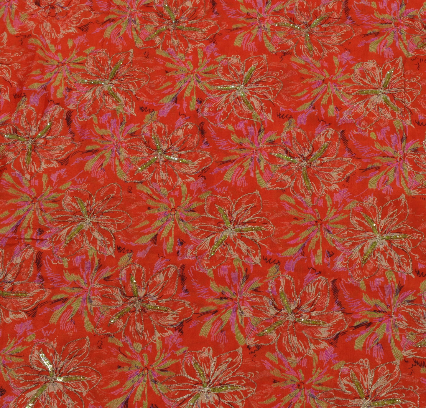 Sushila Vintage Orange Saree 100% Pure Silk Printed Floral Embroidered Fabric