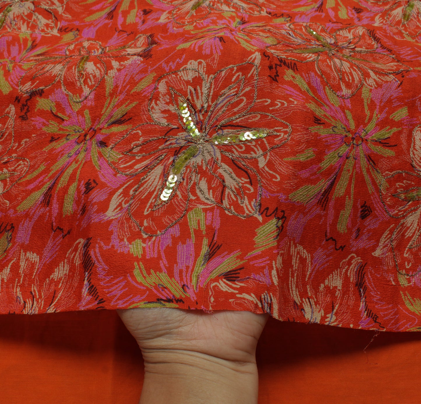 Sushila Vintage Orange Saree 100% Pure Silk Printed Floral Embroidered Fabric