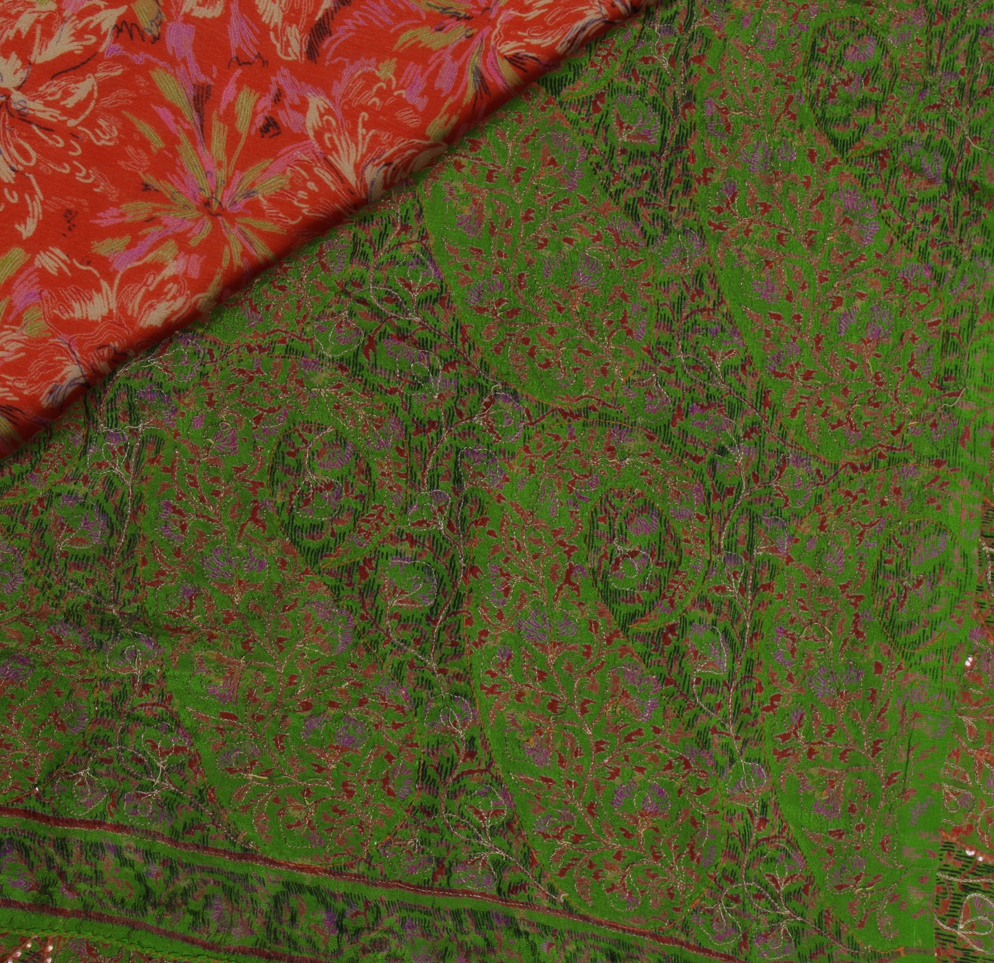 Sushila Vintage Orange Saree 100% Pure Silk Printed Floral Embroidered Fabric