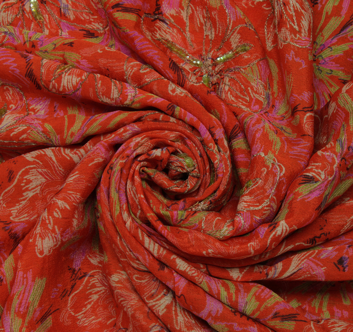 Sushila Vintage Orange Saree 100% Pure Silk Printed Floral Embroidered Fabric