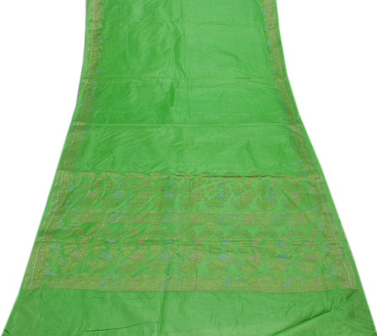 Sushila Vintage Green Saree 100% Pure Silk Woven Floral Sari Craft 5 Yard Fabric