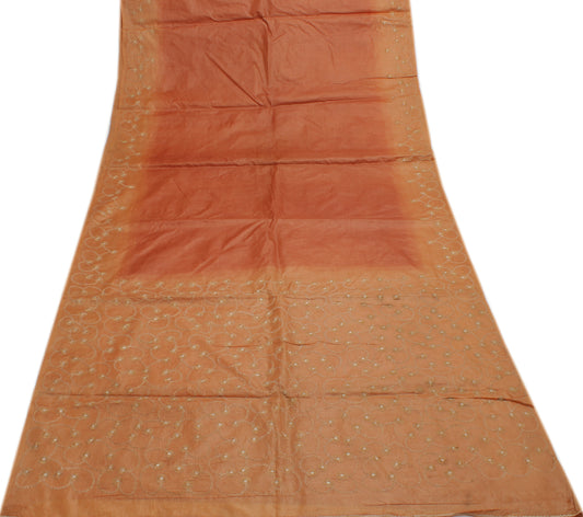 Sushila Vintage Peach Saree 100% Pure Tussar Silk Embroidered Floral Sari Craft Fabric
