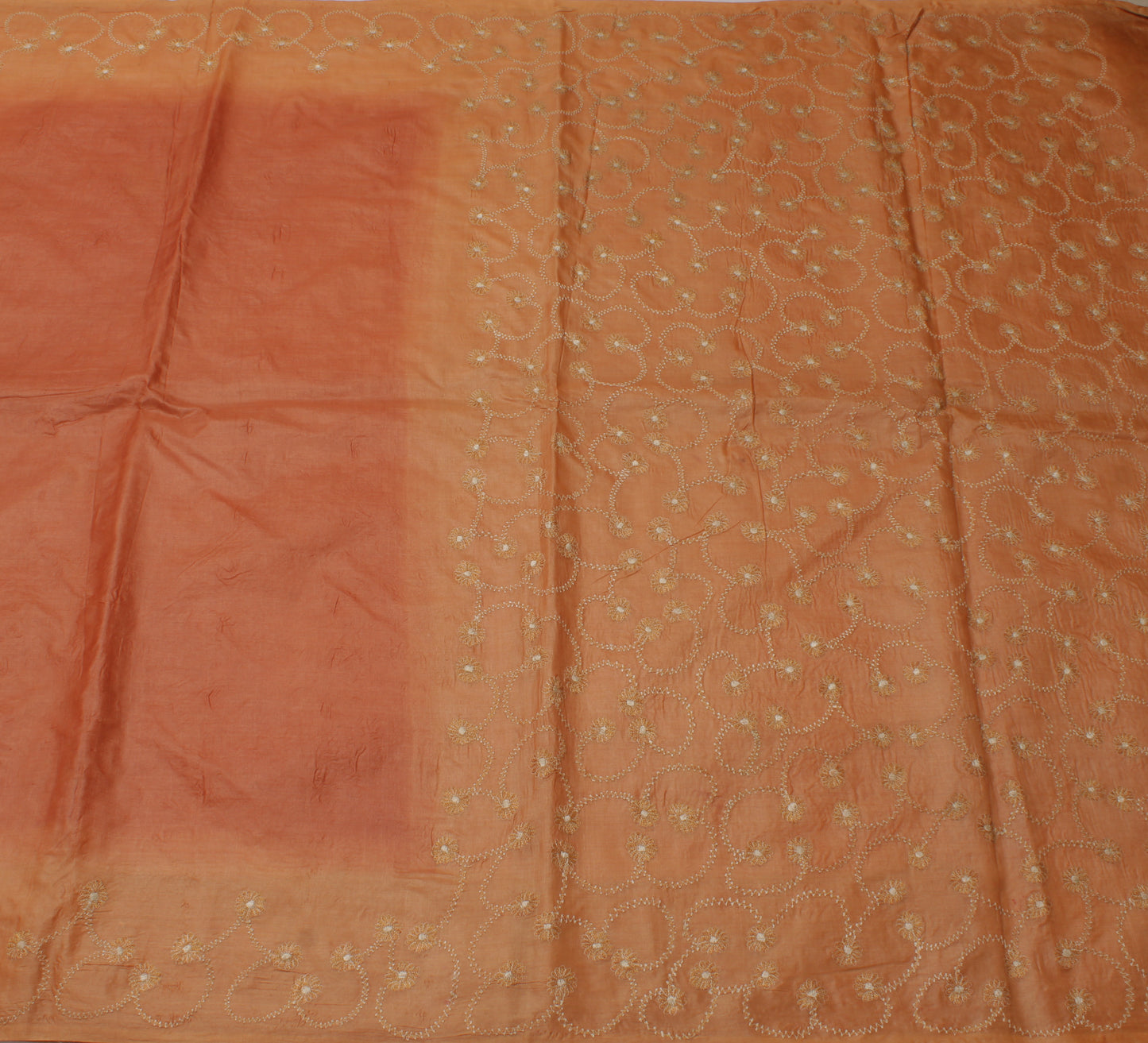 Sushila Vintage Peach Saree 100% Pure Tussar Silk Embroidered Floral Sari Craft Fabric