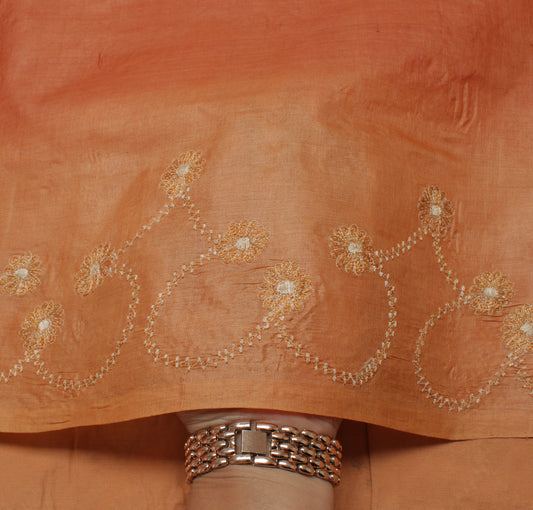 Sushila Vintage Peach Saree 100% Pure Tussar Silk Embroidered Floral Sari Craft Fabric
