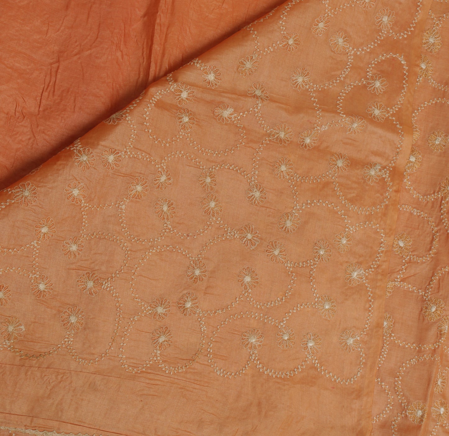 Sushila Vintage Peach Saree 100% Pure Tussar Silk Embroidered Floral Sari Craft Fabric
