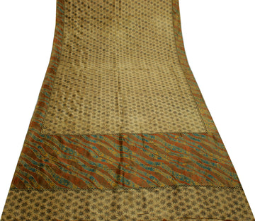 Sushila Vintage Light Brown Saree Pure Silk Hand Embroidered Kantha Sari Fabric