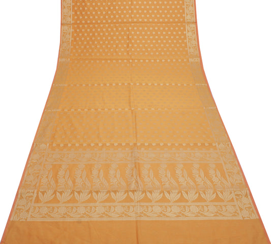 Sushila Vintage Yellow Indian Saree Blend Cotton Woven Floral Sari Craft Fabric