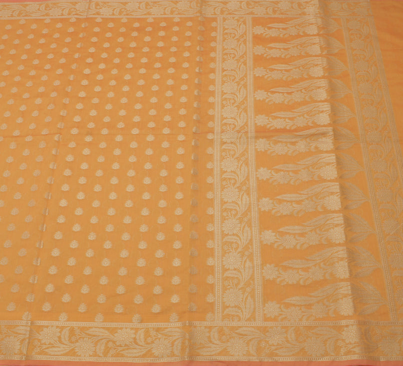 Sushila Vintage Yellow Indian Saree Blend Cotton Woven Floral Sari Craft Fabric