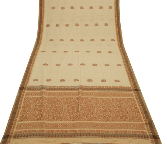 Sushila Vintage Cream Saree 100% Pure Cotton Woven Paisley Sari Craft Fabric