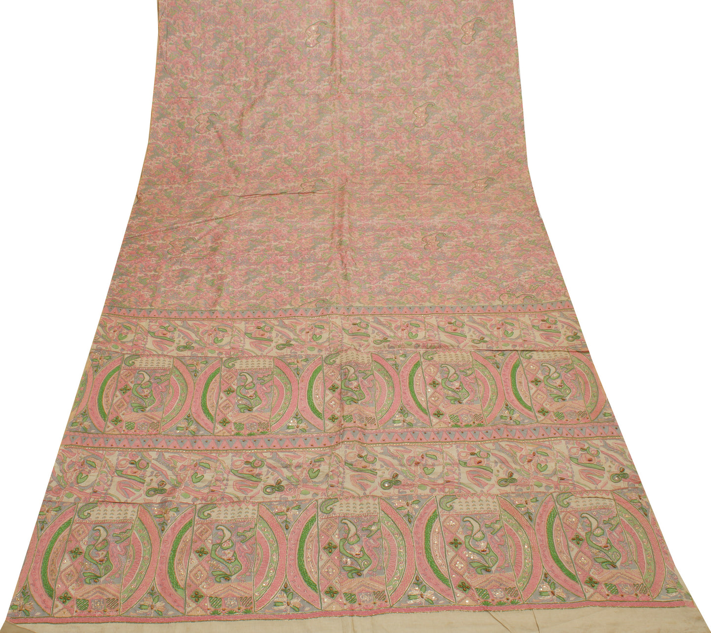 Sushila Vintage Cream Saree 100% Pure Silk Printed Sari Craft 6 Yard Fabric