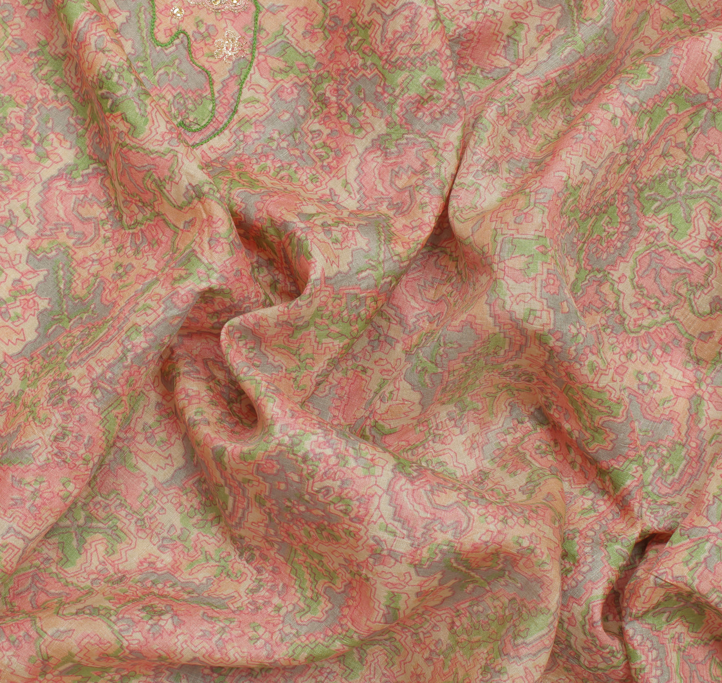 Sushila Vintage Cream Saree 100% Pure Silk Printed Sari Craft 6 Yard Fabric