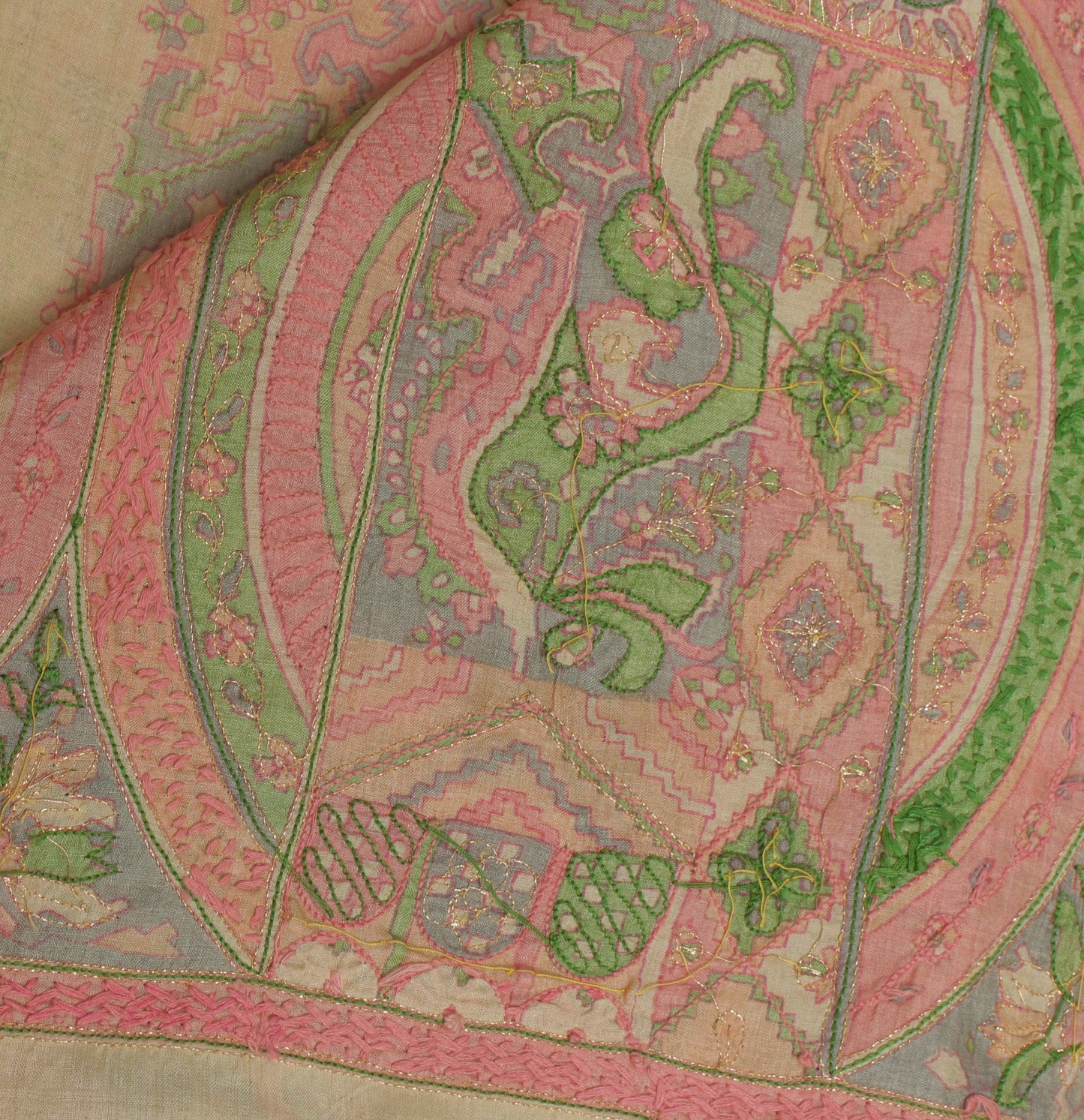 Sushila Vintage Cream Saree 100% Pure Silk Printed Sari Craft 6 Yard Fabric