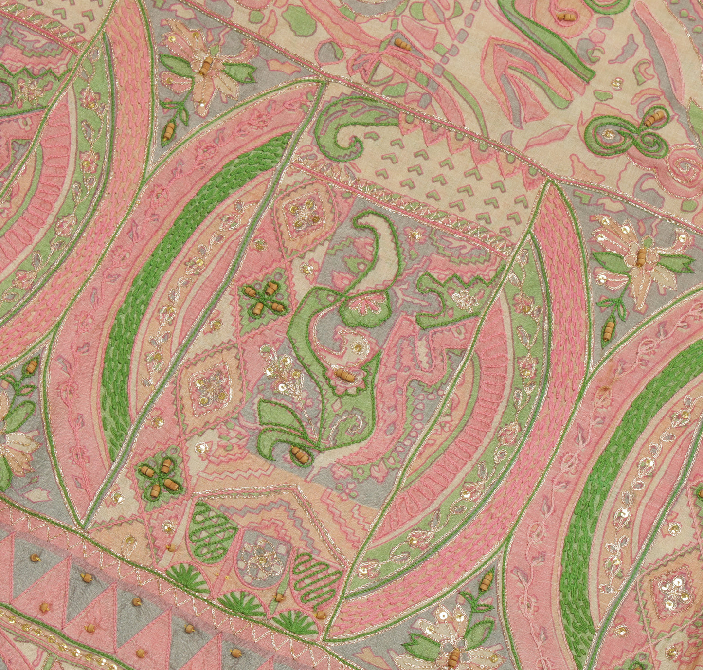 Sushila Vintage Cream Saree 100% Pure Silk Printed Sari Craft 6 Yard Fabric