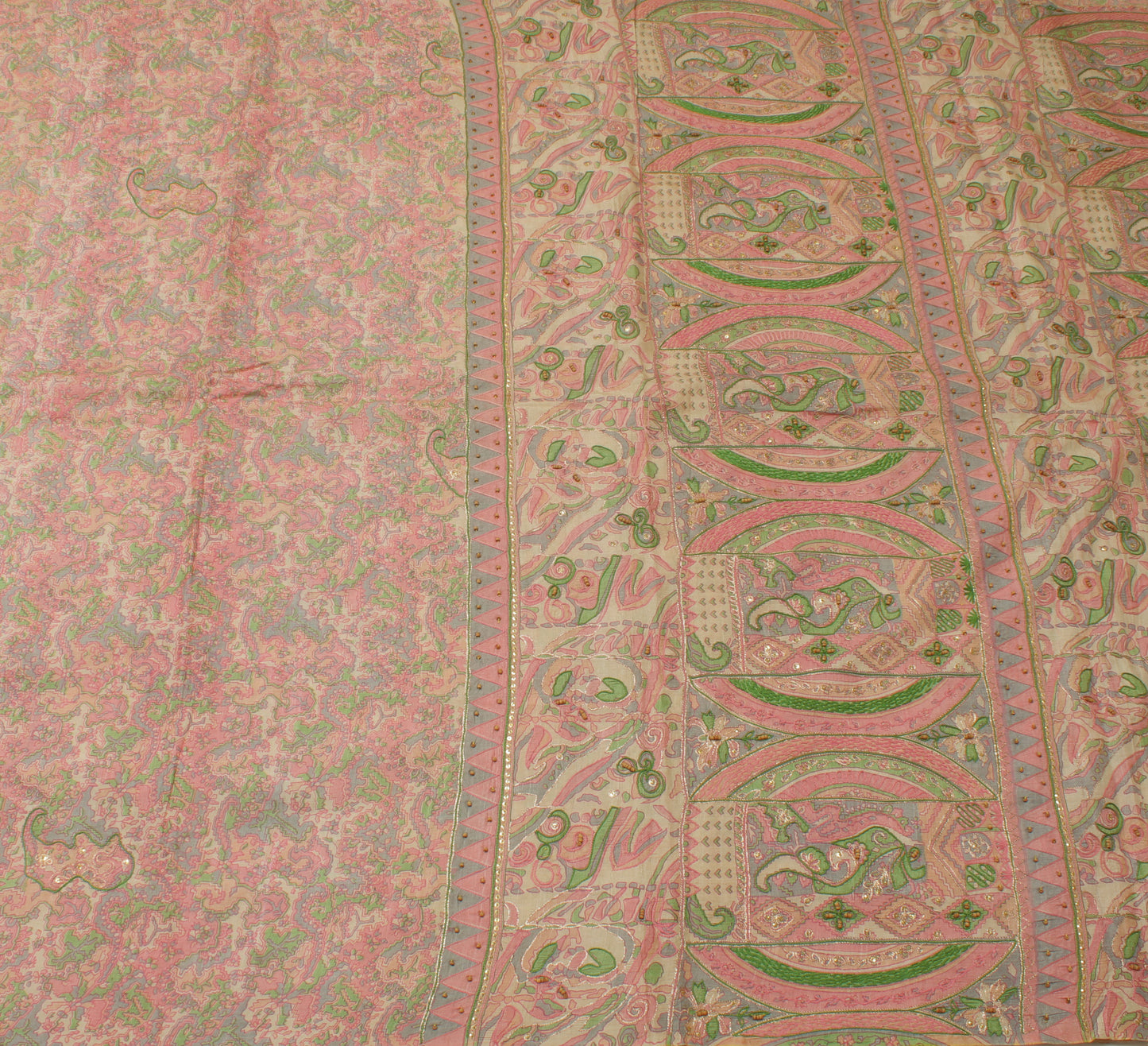 Sushila Vintage Cream Saree 100% Pure Silk Printed Sari Craft 6 Yard Fabric