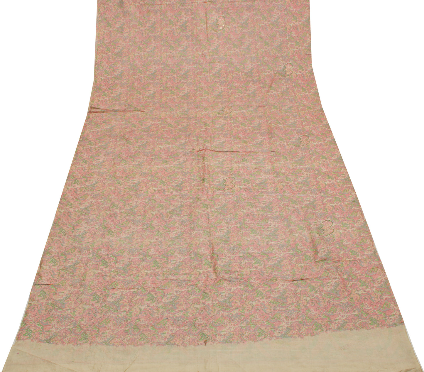 Sushila Vintage Cream Saree 100% Pure Silk Printed Sari Craft 6 Yard Fabric