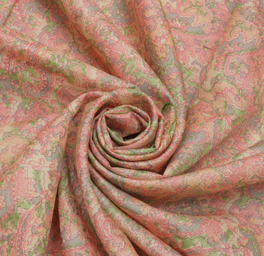 Sushila Vintage Cream Saree 100% Pure Silk Printed Sari Craft 6 Yard Fabric