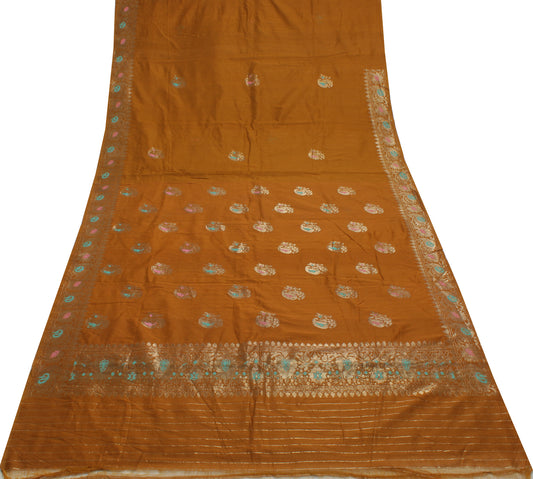 Sushila Vintage Brown Indian Saree Blend Cotton Woven Paisley Sari Craft Fabric