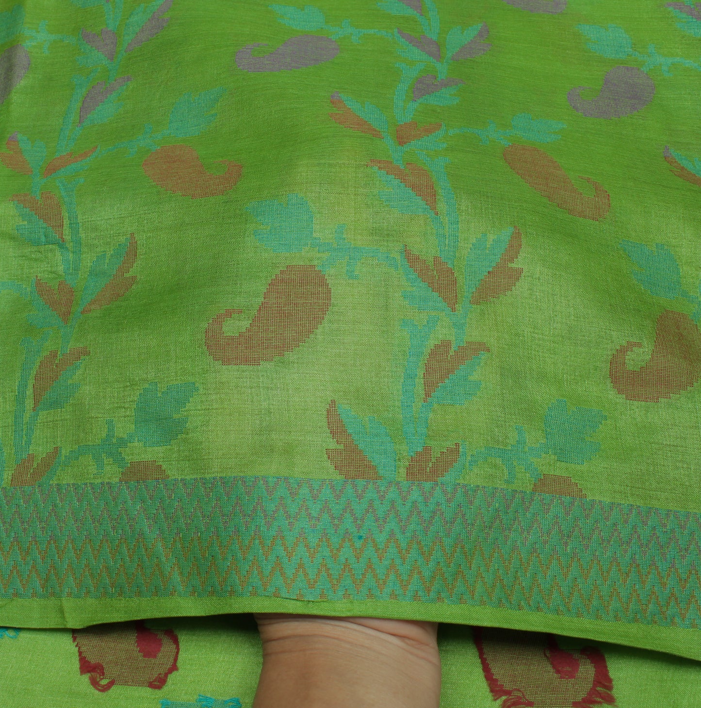 Sushila Vintage Green Saree 100% Pure Silk Woven Paisley Sari Craft Fabric