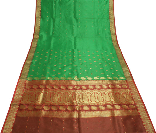 Sushila Vintage Green Saree Blend Silk Woven Embroidered Floral Sari Fabric
